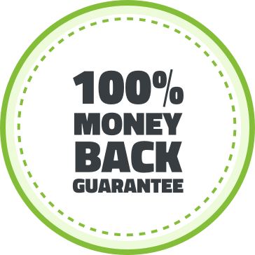 a green circle with the words 100 % money back guarantee.