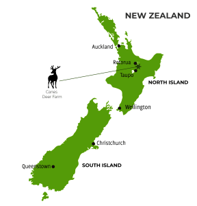 a map of new zealand showing the location of the cane deer farm with other notable landmarks.